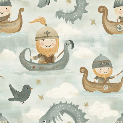 Wikinger-Tapete mit Drachen, Booten & Figuren – PVC-frei, selbstklebend, Made in Germany, perfekt fürs Babyzimmer, mit schnellem Versand.