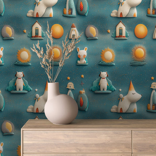 Sternenhimmel-Tapete mit Sonne, Mond & Fantasietieren – PVC-frei  selbstklebend  Made in Germany  ideal fürs Kinderzimmer, mit schnellem Versand.