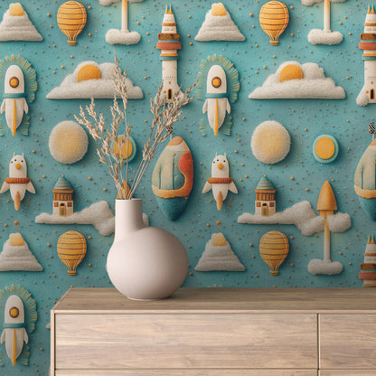 Weltraum-Tapete mit Raketen, Wolken & Ballons – ideal fürs Babyzimmer Kitas und Nursery  PVC-frei  selbstklebend  Made in Germany schneller Versand. 