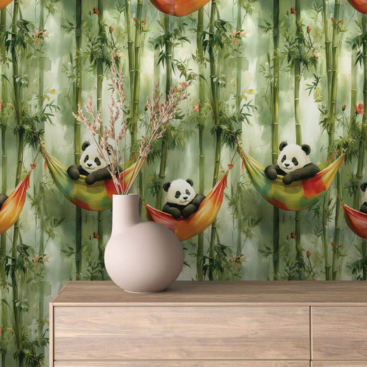 Panda-Tapete mit Bambus & Hängematten für die Wandgestaltung vom BabyzimmerPVC-frei  selbstklebend Made in Germany by PCC FoliaConcept  Versand 2-4 Tage