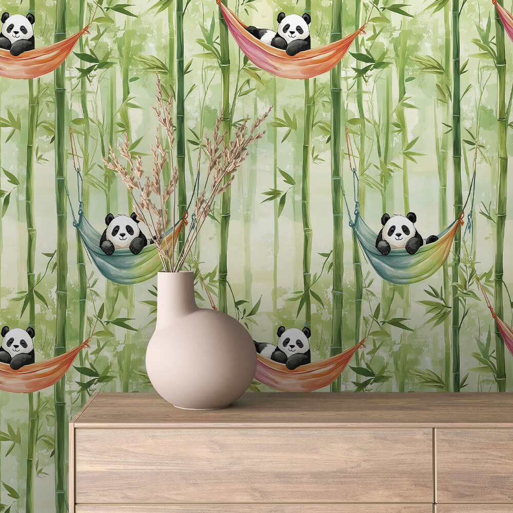 Panda-Tapete mit Bambus & Hängematten – ideal für das erste Zimmer deines Kinds PVC-frei selbstklebend  Made in Germany  mit schnellem Versand