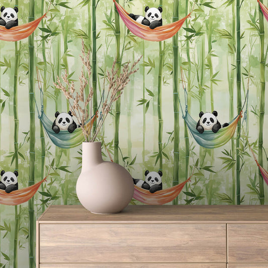 Panda-Tapete mit Bambus & Hängematten – ideal für das erste Zimmer deines Kinds PVC-frei selbstklebend  Made in Germany  mit schnellem Versand