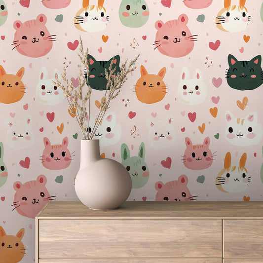 Tiergesichter-Tapete fürs Babyzimmer – mit Herzchen & süßen Häschen, Katzen & Bärchen | PVC-frei  Made in Germany  schneller Versand inklusive