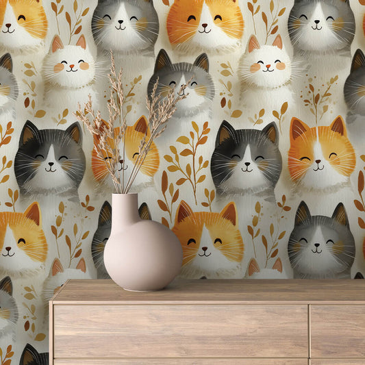 Niedliche Katzen-Tapete in Naturtönen PVC-freie Tapete  schneller Versand▪️Einfach abziehen, aufkleben, fertig! Made in Germany PCC FoliaConcept