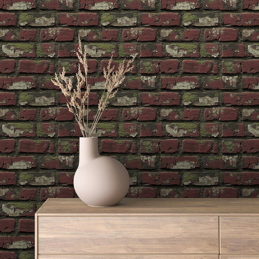 Urban Brick Moss Fliesen im Vintage-Look mit Backsteinoptik und moosgrüner Patina Für markante Wände mit Geschichte Selbstklebend & PVC-frei – by PCC FoliaConcept