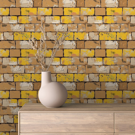 3D-Ziegelfliesen Urban Brick Graffiti Yellow mit plastischer OberflächePerfekt für kreative WandgestaltungenSelbstklebend & PVC-frei – by PCC FoliaConcept