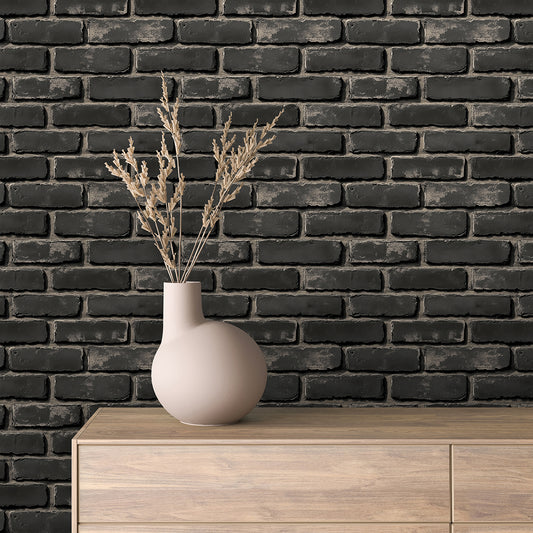 3D-Ziegelfliesen Urban Brick Black Dust mit plastischem Look & Tiefe.Perfekt für starke Akzentwände im Industrial Style – by PCC FoliaConcept