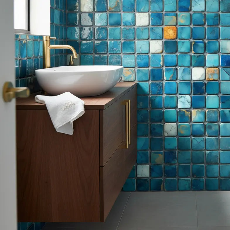 Fliesenfolie Mosaik Blau – Luxurioeses Badezimmer-Ambiente mit kleinen quadratischen Mosaikfliesen in verschiedenen Tuerki...