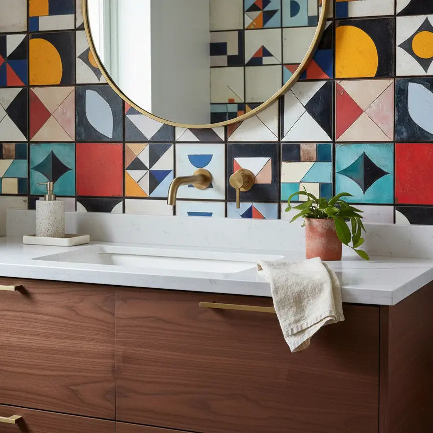 Fliesenfolie Bauhaus Geometrisch – Lebhafte Bauhaus-inspirierte Fliesen in einer Badezimmer-Szene mit rundem Goldspiegel, ...