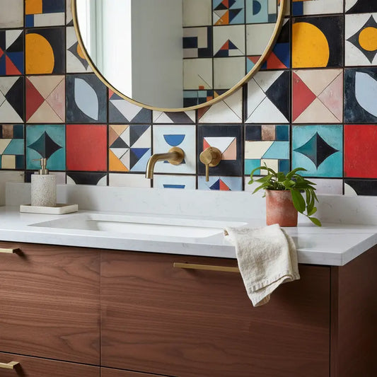 Fliesenfolie Bauhaus Geometrisch – Lebhafte Bauhaus-inspirierte Fliesen in einer Badezimmer-Szene mit rundem Goldspiegel, ...