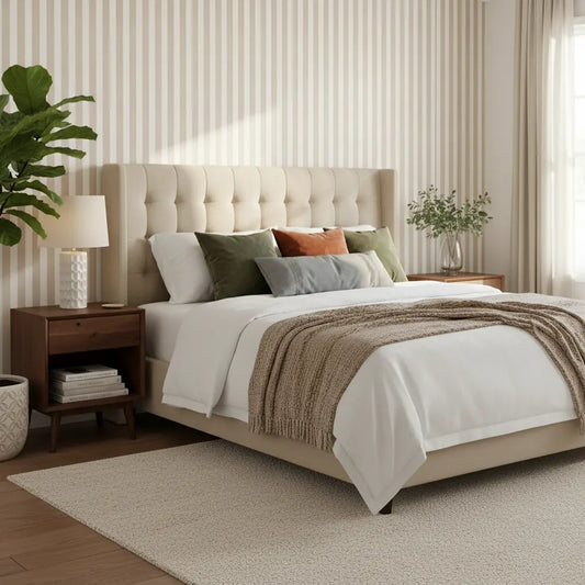 Schlafzimmer mit beige-weißer Streifentapete