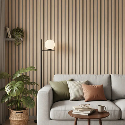 Wohnzimmer mit Lamellenwand in Holzoptik