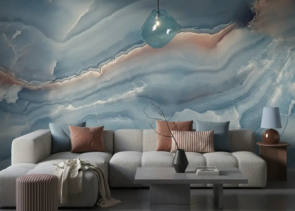 Fototapete Marmor Deep Ocean – Tiefer Ozean-Blau-Marmor mit türkisfarbenen Einschlüssen und cremefarbenen Adern – das Wand...