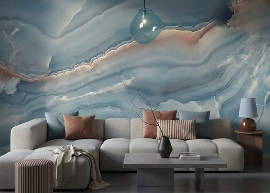 Fototapete Marmor Deep Ocean – Tiefer Ozean-Blau-Marmor mit türkisfarbenen Einschlüssen und cremefarbenen Adern – das Wand...