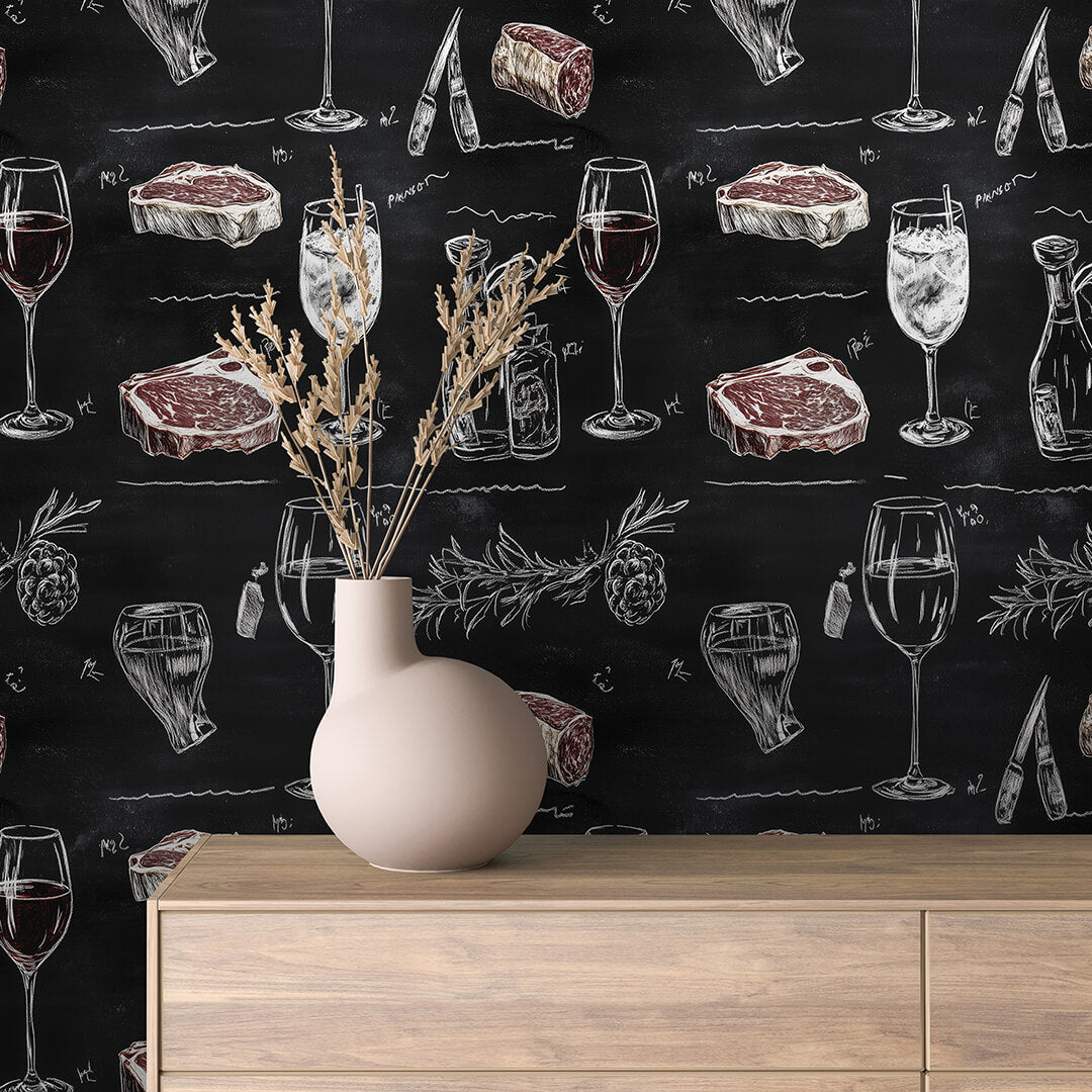 Steaks, Wein & Kräutern- Wanddeko der Genusskultur PVC-freie Mustertapete  schneller Versand▪️Selbstklebend Made in Germany 