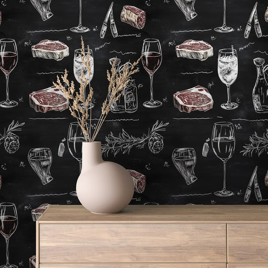 Steaks, Wein & Kräutern- Wanddeko der Genusskultur ✅PVC-freie Mustertapete ✅ schneller Versand▪️Selbstklebend ✅Made in Germany 