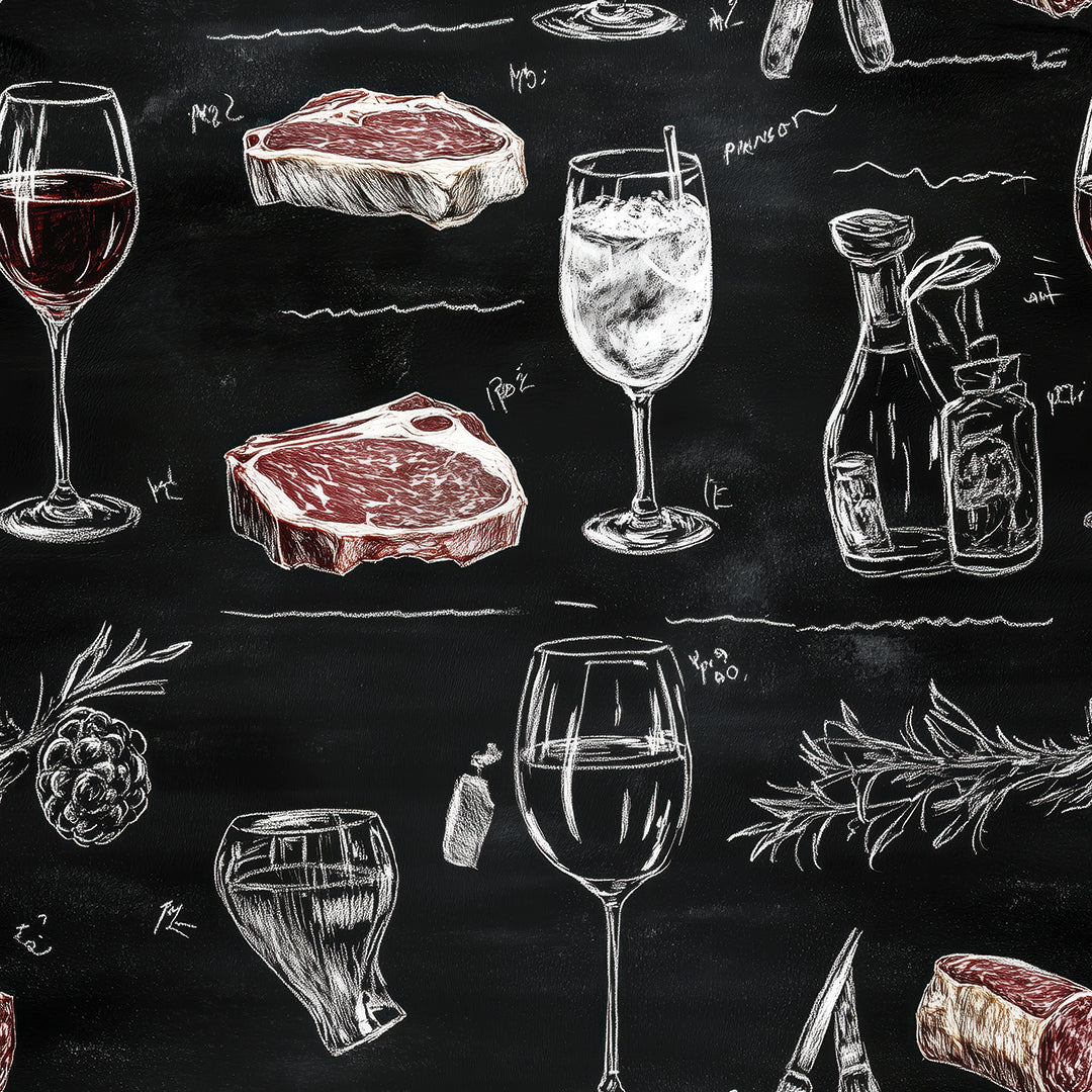 Steaks, Wein & Kräutern- Wanddeko der Genusskultur PVC-freie Mustertapete  schneller Versand▪️Selbstklebend Made in Germany 