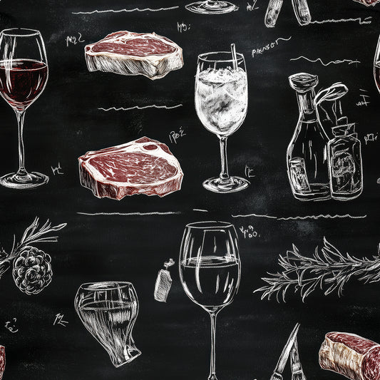 Steaks, Wein & Kräutern- Wanddeko der Genusskultur ✅PVC-freie Mustertapete ✅ schneller Versand▪️Selbstklebend ✅Made in Germany 