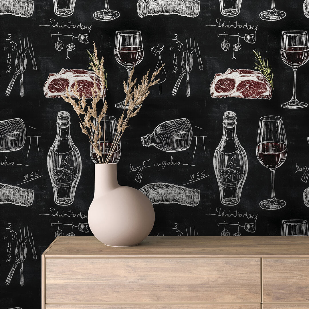PVC-freie Mustertapete  schneller Versand▪️Selbstklebend Made in Germany Tafel-Tapete mit Steak, Rotwein & Flaschen im Chalkstyle