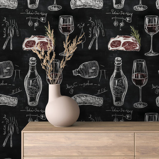 ✅PVC-freie Mustertapete ✅ schneller Versand▪️Selbstklebend ✅Made in Germany Tafel-Tapete mit Steak, Rotwein & Flaschen im Chalkstyle