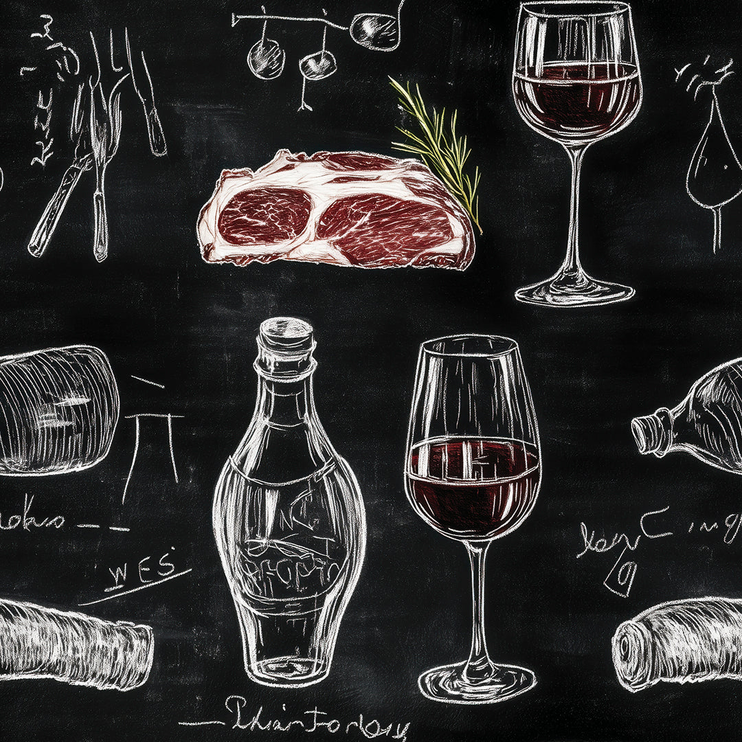 PVC-freie Mustertapete  schneller Versand▪️Selbstklebend Made in Germany Tafel-Tapete mit Steak, Rotwein & Flaschen im Chalkstyle