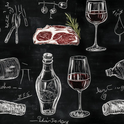 PVC-freie Mustertapete  schneller Versand▪️Selbstklebend Made in Germany Tafel-Tapete mit Steak, Rotwein & Flaschen im Chalkstyle