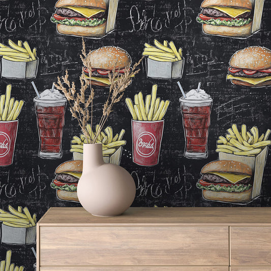 Tafel-Tapete für moderne Imbisse & Food-Spots mit Humor ✅PVC-freie Tapete ✅ schneller Versand▪️Einfach abziehen, aufkleben, fertig! ✅Made in Germany PCC FoliaConcept