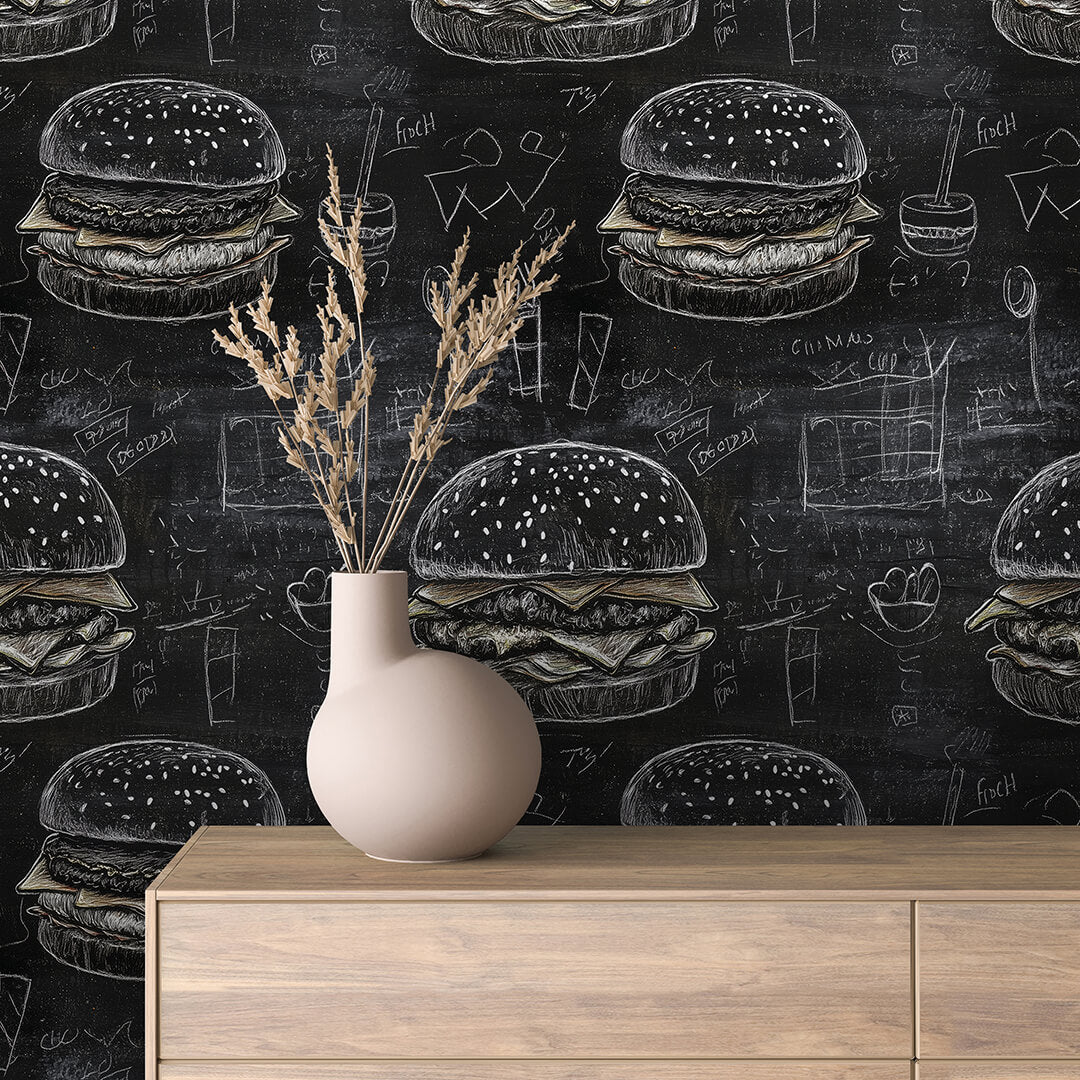 Tapete mit Burgern & Kritzeleien im Blackboard-Design PVC-frei schneller Versand▪️selbstklebend Made in Germany PCC FoliaConcept
