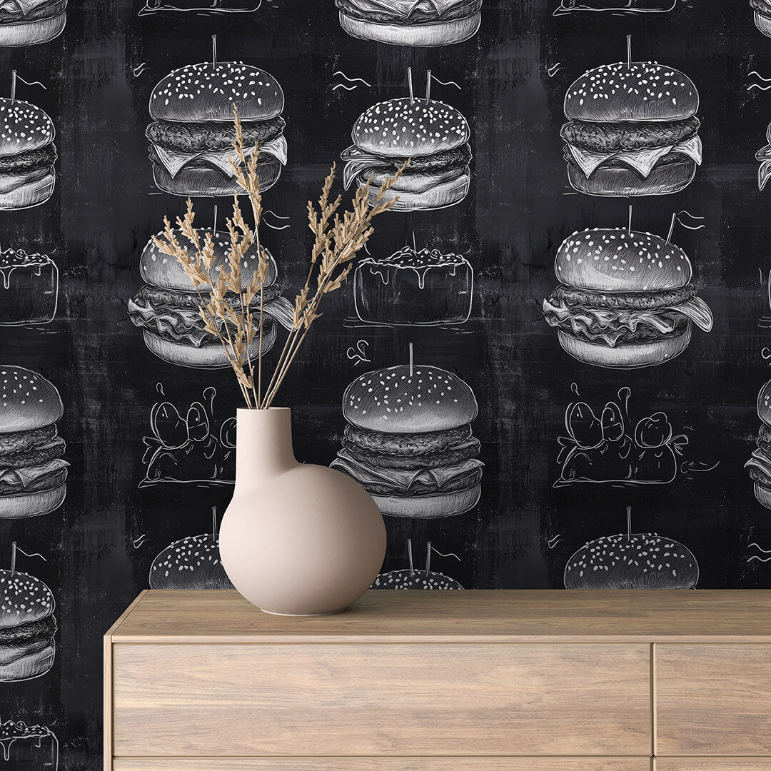 Urbanes Flair und Humor in moderne Gastronomiekonzepte PVC-frei schneller Versand▪️Einfach abziehen, aufkleben, fertig! Made in Germany PCC FoliaConcept ▪️Mustertapete mit Burger im Kreidelook auf schwarzer Tafel 
