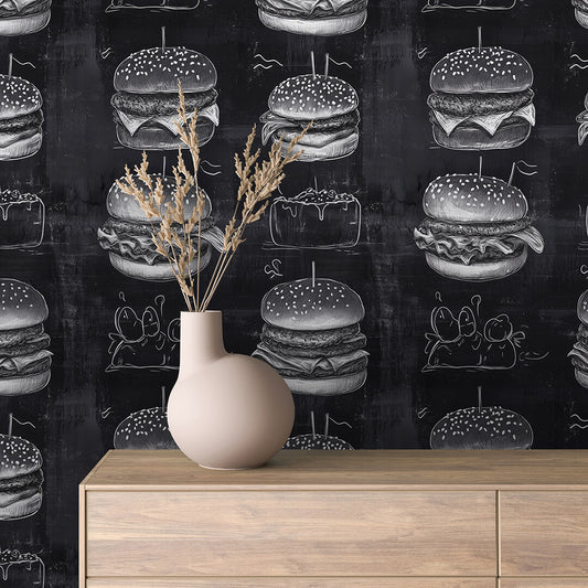 Urbanes Flair und Humor in moderne Gastronomiekonzepte ✅PVC-frei✅ schneller Versand▪️Einfach abziehen, aufkleben, fertig! ✅Made in Germany PCC FoliaConcept ▪️Mustertapete mit Burger im Kreidelook auf schwarzer Tafel 