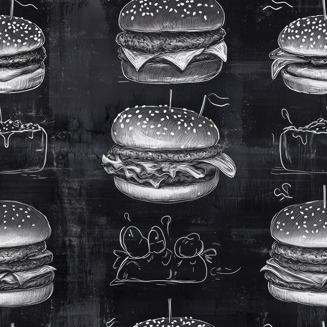 Urbanes Flair und Humor in moderne Gastronomiekonzepte PVC-frei schneller Versand▪️Einfach abziehen, aufkleben, fertig! Made in Germany PCC FoliaConcept ▪️Mustertapete mit Burger im Kreidelook auf schwarzer Tafel 