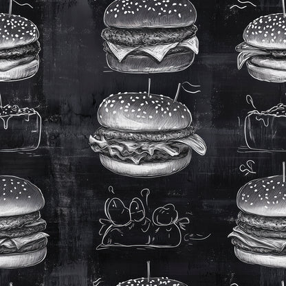 Urbanes Flair und Humor in moderne Gastronomiekonzepte PVC-frei schneller Versand▪️Einfach abziehen, aufkleben, fertig! Made in Germany PCC FoliaConcept ▪️Mustertapete mit Burger im Kreidelook auf schwarzer Tafel 