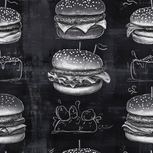 Urbanes Flair und Humor in moderne Gastronomiekonzepte ✅PVC-frei✅ schneller Versand▪️Einfach abziehen, aufkleben, fertig! ✅Made in Germany PCC FoliaConcept ▪️Mustertapete mit Burger im Kreidelook auf schwarzer Tafel 