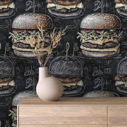 PVC-frei schneller Versand▪️Einfach abziehen, aufkleben, fertig! Made in Germany PCC FoliaConcept ▪️Mustertapete mit Burger im Kreidelook auf schwarzer Tafel 