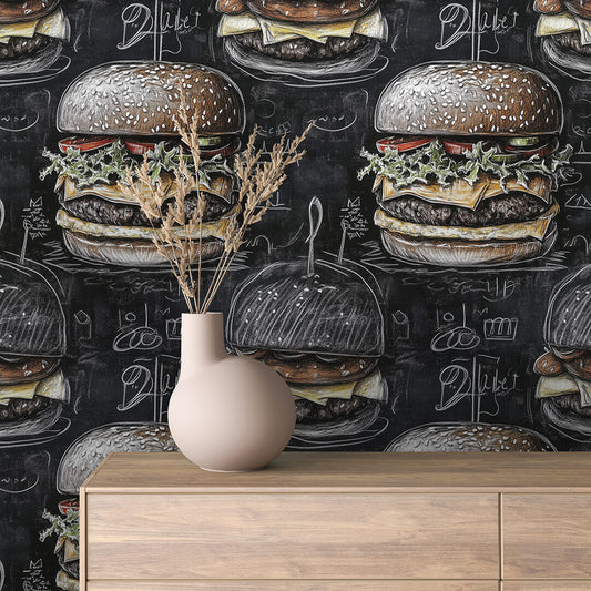 ✅PVC-frei✅ schneller Versand▪️Einfach abziehen, aufkleben, fertig! ✅Made in Germany PCC FoliaConcept ▪️Mustertapete mit Burger im Kreidelook auf schwarzer Tafel 