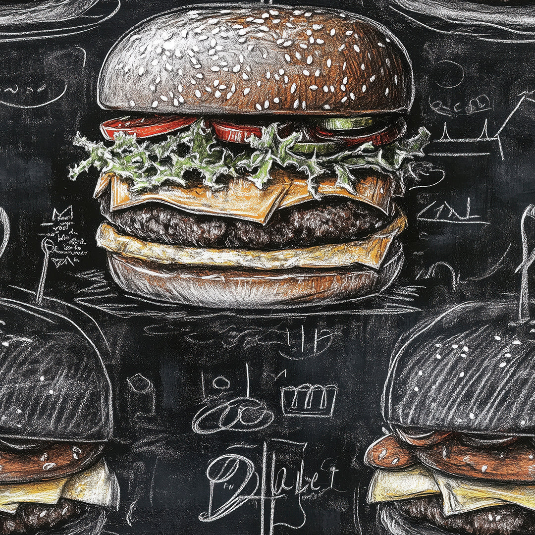 PVC-frei schneller Versand▪️Einfach abziehen, aufkleben, fertig! Made in Germany PCC FoliaConcept ▪️Mustertapete mit Burger im Kreidelook auf schwarzer Tafel 
