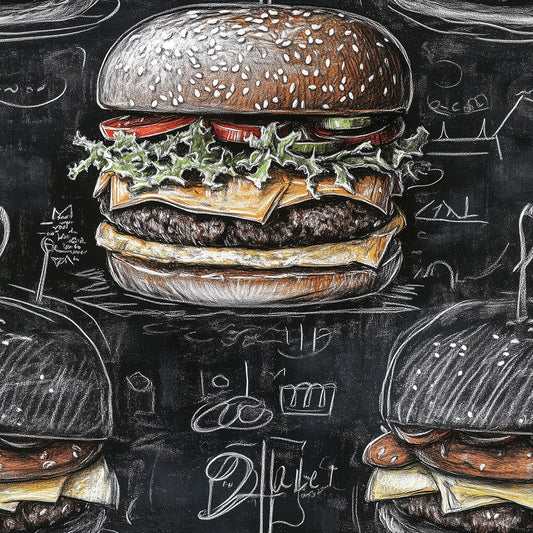 ✅PVC-frei✅ schneller Versand▪️Einfach abziehen, aufkleben, fertig! ✅Made in Germany PCC FoliaConcept ▪️Mustertapete mit Burger im Kreidelook auf schwarzer Tafel 