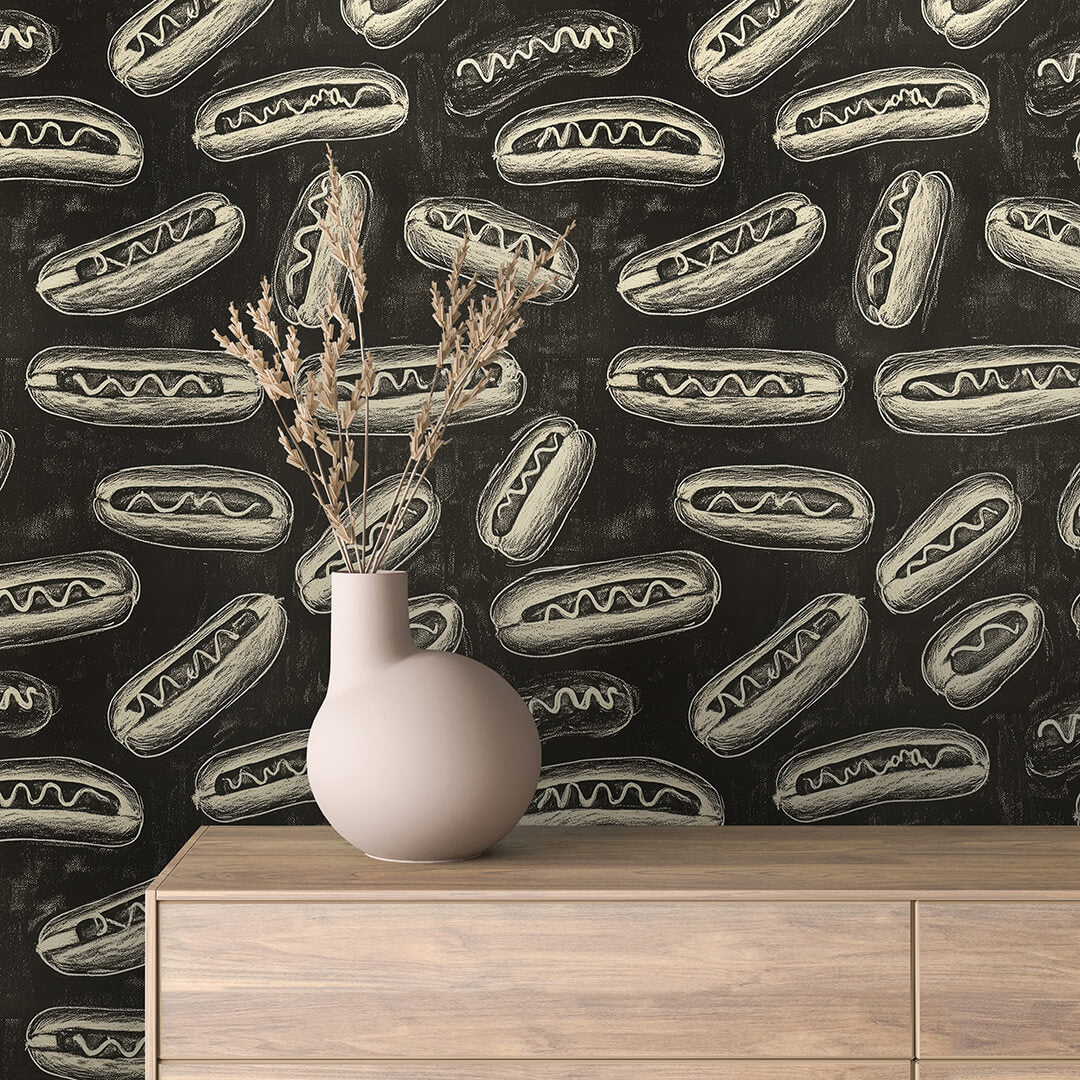 PVC-freie Tapete  schneller Versand▪️Einfach abziehen, aufkleben, fertig! Made in Germany PCC FoliaConcept ▪️Kreidetapete mit Hotdogs für stylische Streetfood-Locations