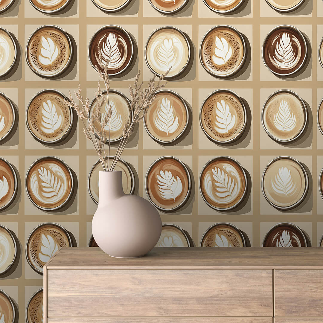 Kaffeetassen Fototapete mit Latte Art PVC-freie Tapete  schneller Versand▪️Einfach abziehen, aufkleben, fertig! Made in Germany PCC FoliaConcept