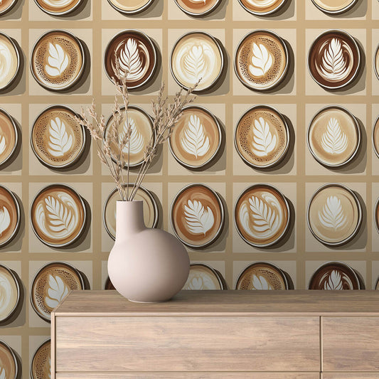 Kaffeetassen Fototapete mit Latte Art ✅PVC-freie Tapete ✅ schneller Versand▪️Einfach abziehen, aufkleben, fertig! ✅Made in Germany PCC FoliaConcept