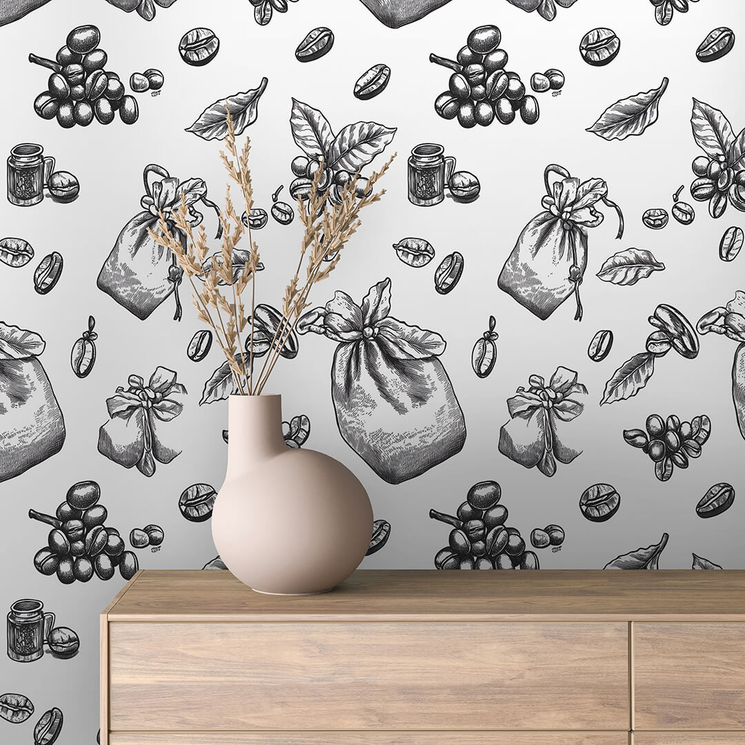 Handgezeichnete Kaffee-Illustrationen in Schwarz-WeißPVC-freie Tapete  schneller Versand▪️Einfach abziehen, aufkleben, fertig! Made in Germany PCC FoliaConcept 