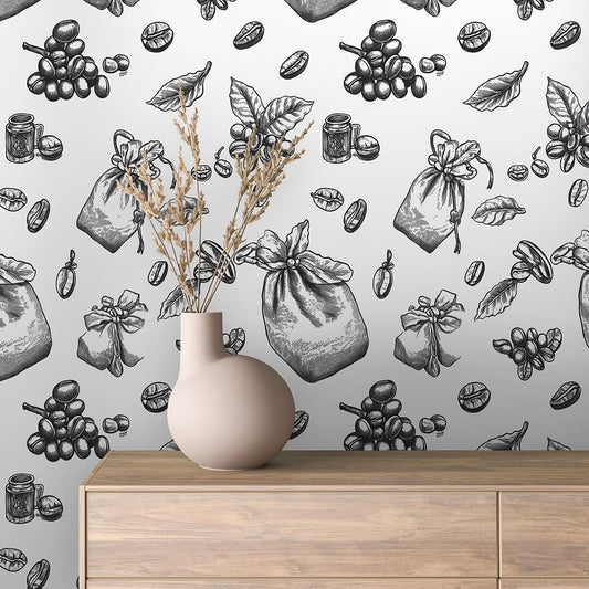 Handgezeichnete Kaffee-Illustrationen in Schwarz-Weiß✅PVC-freie Tapete ✅ schneller Versand▪️Einfach abziehen, aufkleben, fertig! ✅Made in Germany PCC FoliaConcept 