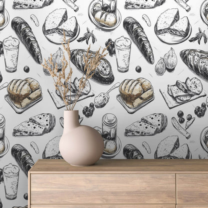 Französische Brotsorten & Käse in Black & White PVC-freie Tapete  schneller Versand▪️Einfach abziehen, aufkleben, fertig! Made in Germany PCC FoliaConcept