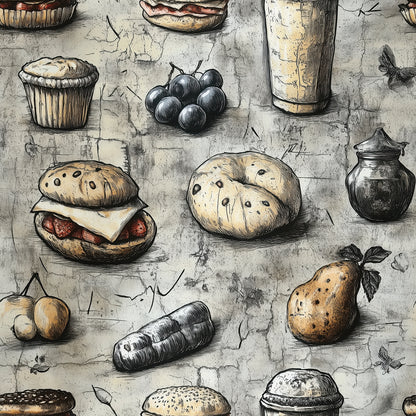 Handgezeichnete Food-Motive im Vintage-Stil PVC-freie Tapete  schneller Versand▪️Einfach abziehen, aufkleben, fertig! Made in Germany 