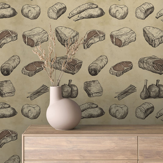 PVC-freie Tapete  schneller Versand▪️Selbstklebend Made in Germany ▪️ Beige Mustertapete mit handgezeichneten Fleischstücken & Delikatessen