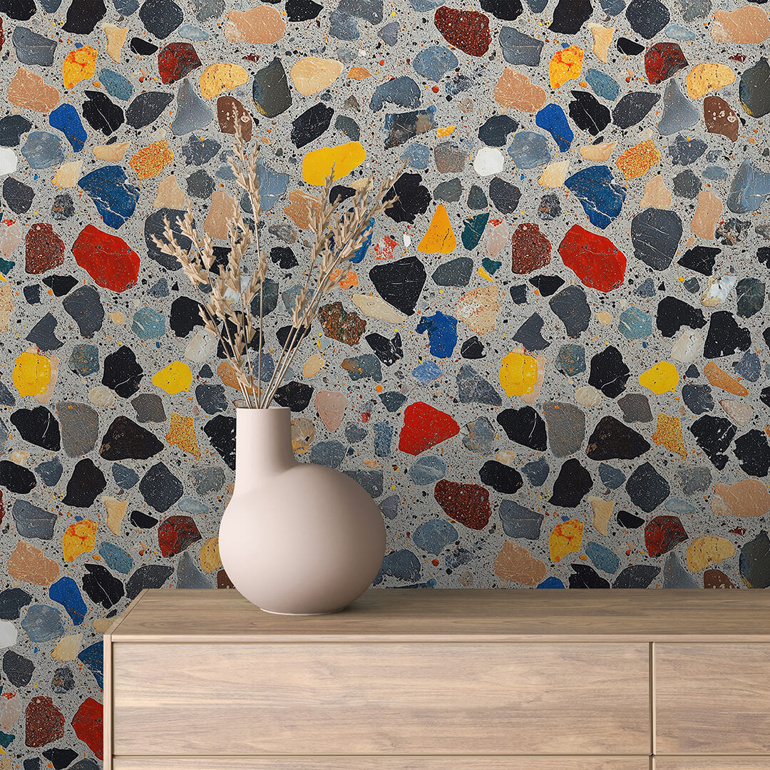 Bunte Mosaik Betontapete  Selbstklebend & abwischbar  PVC-freie Tapete ▪️ Minimalistisch, modern & tief  Made in Germany ▪️ FoliaConcept 