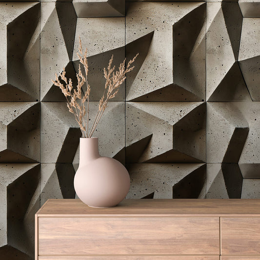 3D-Tapete mit facettierter Betonstruktur  Selbstklebend & abwischbar  PVC-freie Tapete ▪️ Scharf, kantig & designorientiert  Made in Germany ▪️ FoliaConcept 
