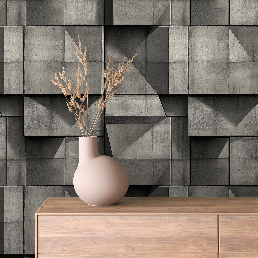 3D-Betontapete mit versetzten Flächen  Selbstklebend & abwischbar  PVC-freie Tapete ▪️ Klar, modern & strukturiert  Made in Germany ▪️ FoliaConcept 