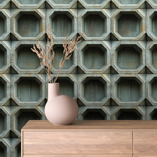 Betontapete mit Oktagon-Muster  Used-Look in Grünbeton  Selbstklebend & PVC-frei ▪️ Markant, geometrisch & urban ▪️ Made in Germany ▪️ FoliaConcept 