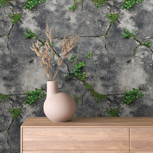 Gespaltene Betonoptik mit grünen Pflanzen  Urban Jungle trifft Industrial  Selbstklebende Designfolie ▪️ Nachhaltig ▪️ PVC-frei ▪️ FoliaConcept